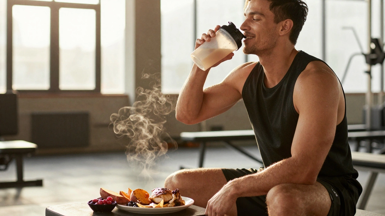 Атлет пьет гейнер после тренировки, рядом — здоровая еда, мягкий свет, атмосфера восстановления.