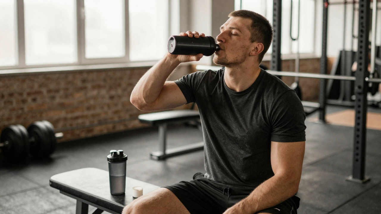 Атлет в российском зале пьет воду после тренировки, рядом лежит ложечка креатина.