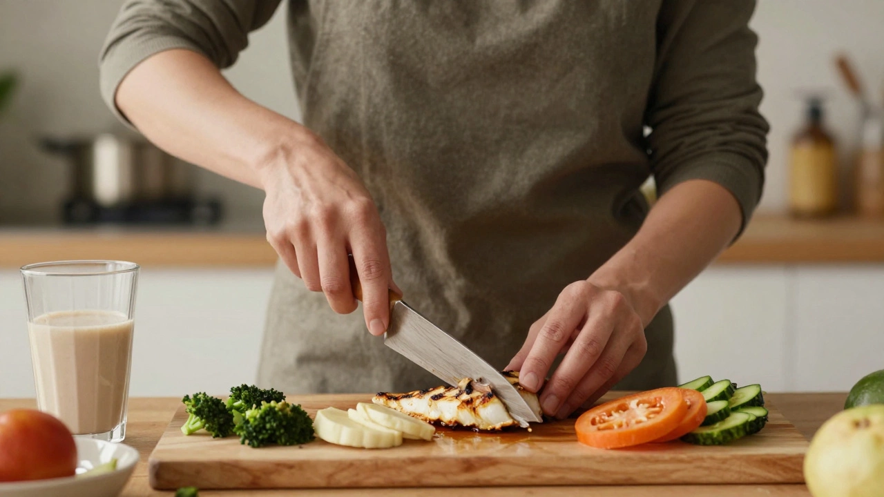 Человек готовит ужин из рыбы и овощей в уютной кухне