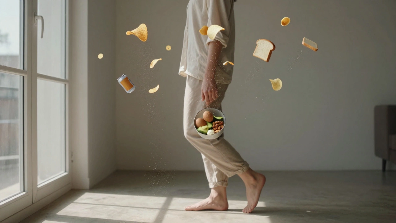 Человек шагает к свету, а обработанные продукты превращаются в пыль, в руках — полезная еда.