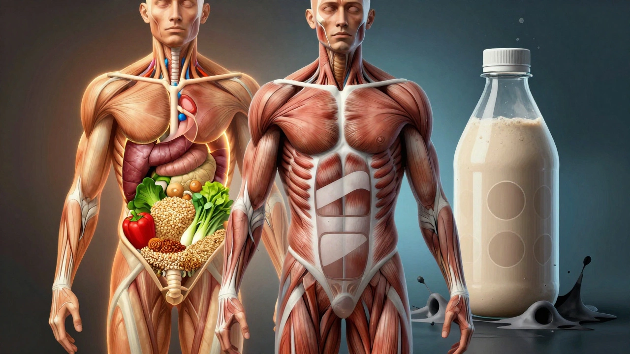 Два полутела: одно здоровое с овощами, другое истощённое с бутылкой протеина.