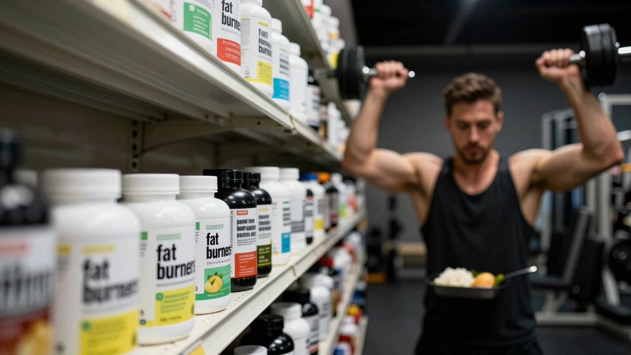 Полка с бесполезными добавками на переднем плане, на заднем — человек тренируется и ест простую пищу.