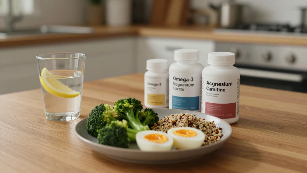 Простой завтрак на деревянном столе: яйца, брокколи, киноа и три бутылочки с добавками — без этикеток.