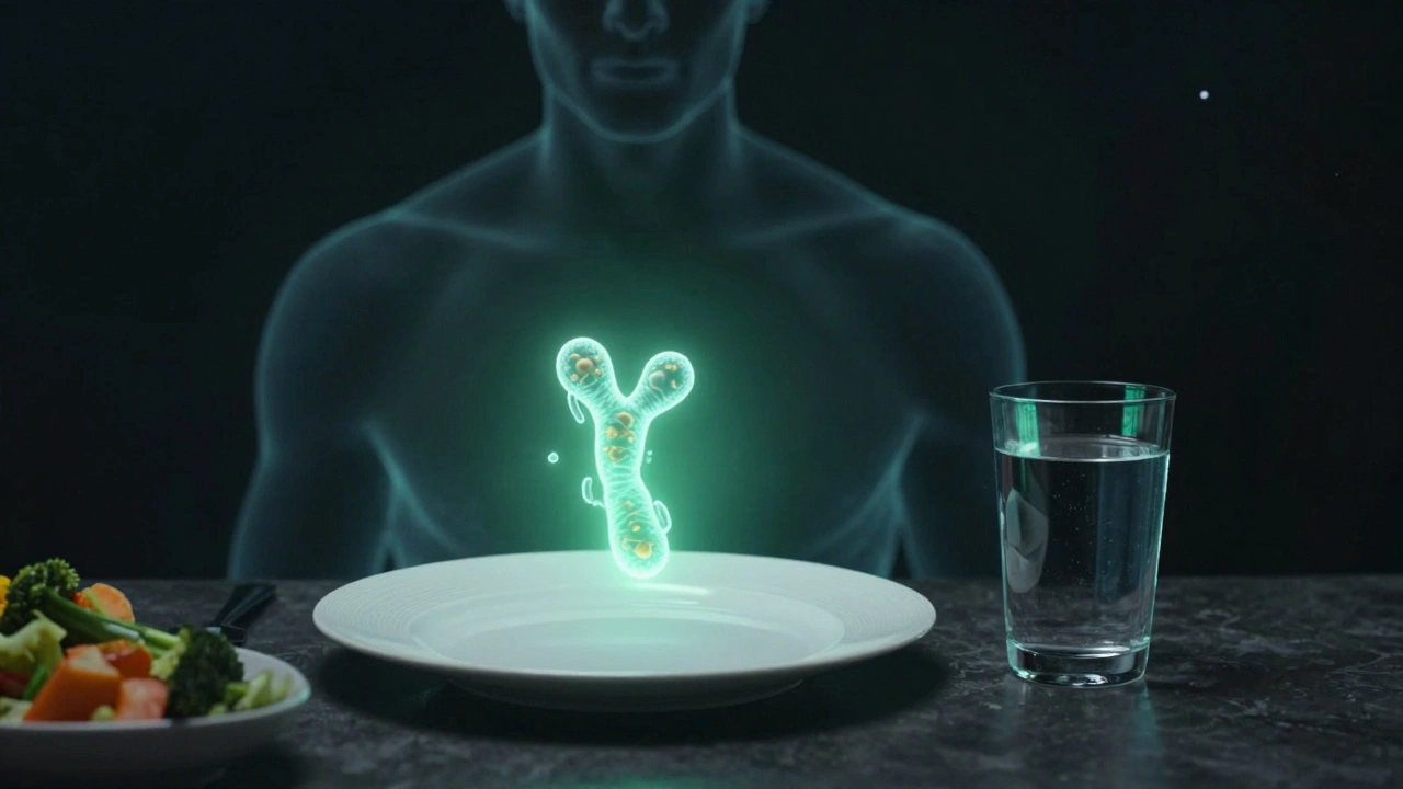 Прозрачная фигура с белковой молекулой над пустой тарелкой, рядом — овощи и вода.