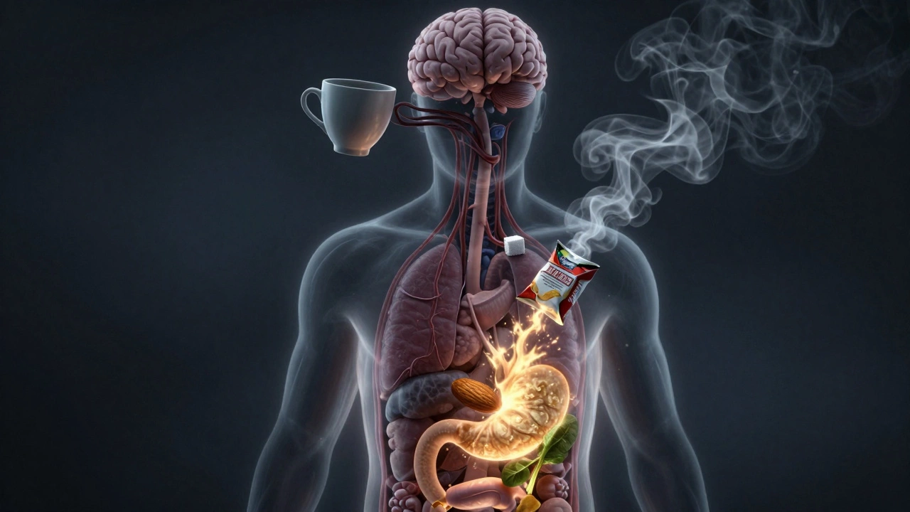 Прозрачное тело с внутренними процессами: кофе и сахар разрушают организм, а миндаль и шпинат светятся.