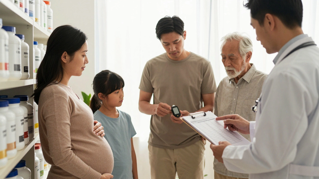 Разные люди осторожно держатся от протеиновых порошков, врач показывает на анализы.