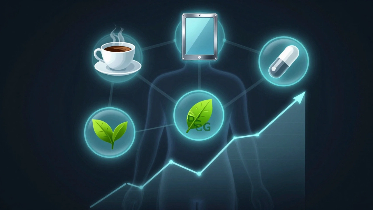 Силуэт человека с пятью символами добавок для похудения, светящимися вокруг тела.