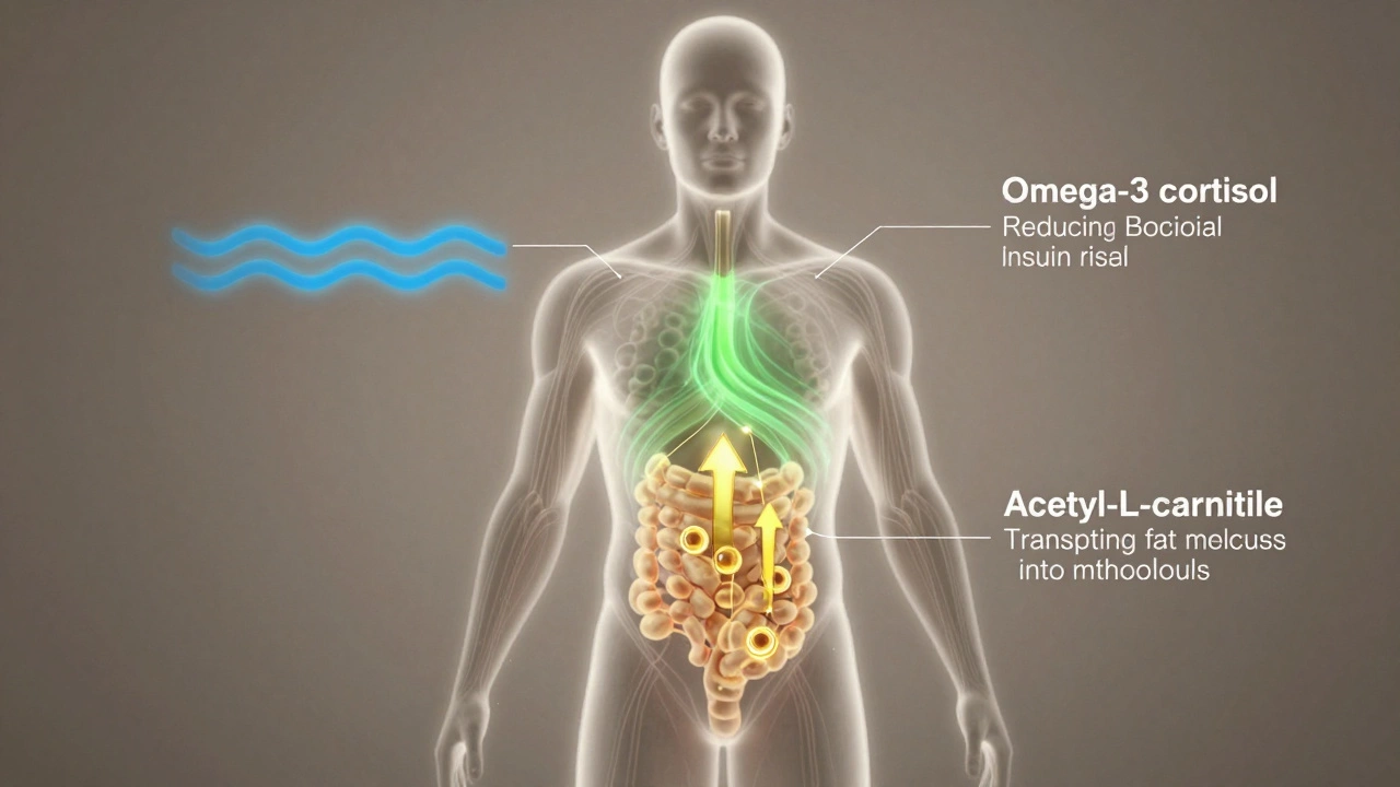 Силуэт человека с внутренними энергетическими путями: омега-3, магний и карнитин работают на метаболизм.