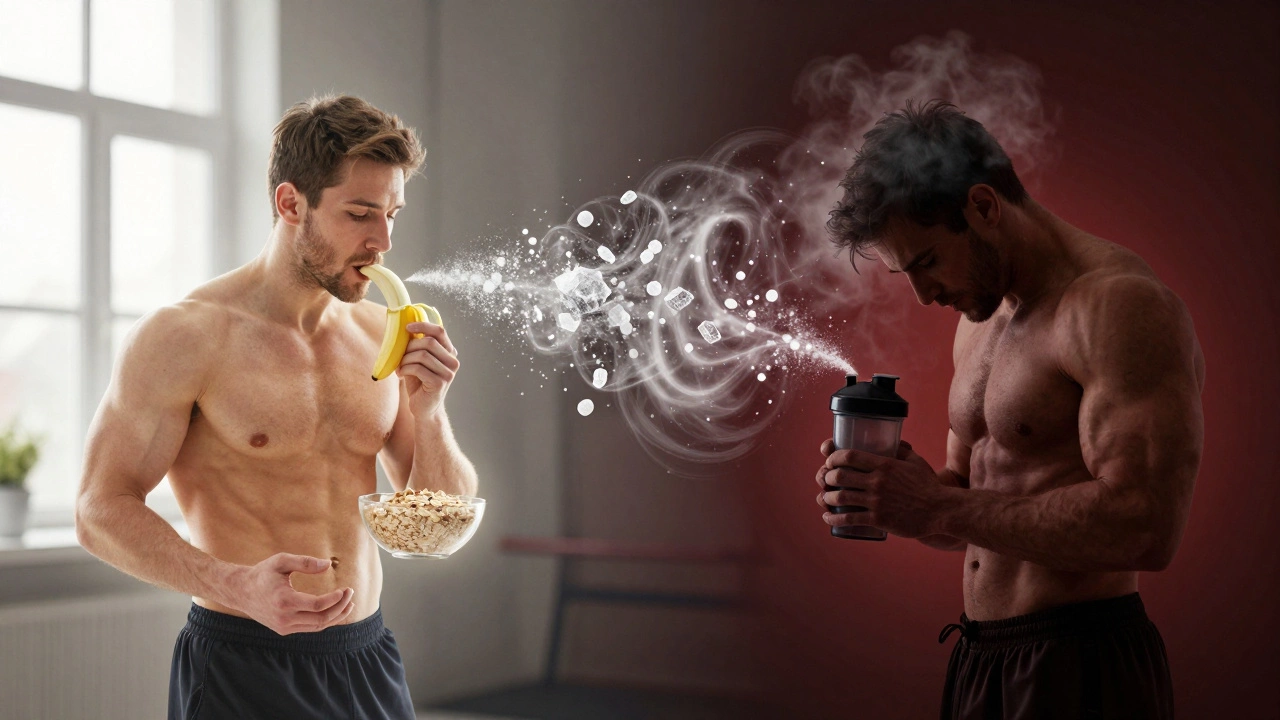 Символическое изображение: одна половина тела энергична с натуральной едой, другая — разрушена сахарными всплесками от гейнера.