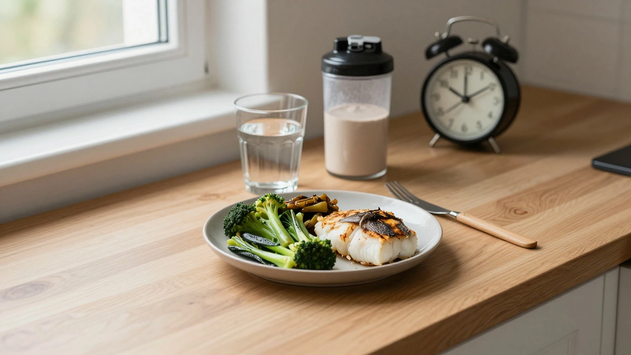 Вечерний ужин из овощей и рыбы с порцией казеинового протеина на кухонном столе перед сном.