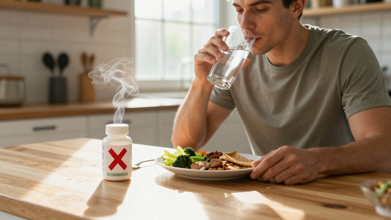 Веганский атлет оставляет бутылку L-карнитина без использования на кухне.