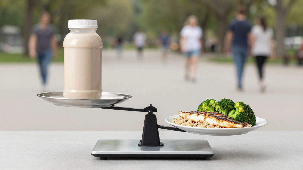 Весы: с одной стороны — протеиновый коктейль, с другой — сбалансированный приём пищи.