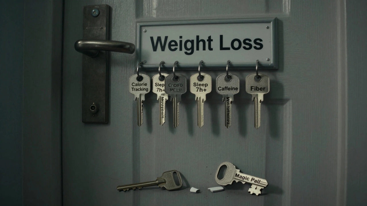 Замок похудения с пятью ключами и сломанной таблеткой на полу.