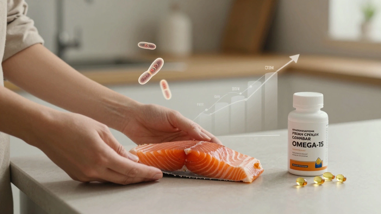 Человек держит лосось и капсулы омега-3, с визуализацией увеличения митохондрий в мышцах как признака улучшения метаболизма.