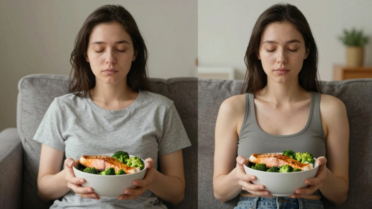Человек спокойно ест лосось с брокколи, за ним — два образа: уставший и энергичный, символизирующие преобразование.