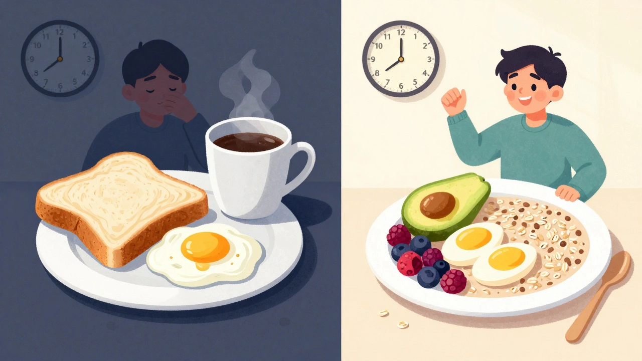 Два завтрака: один с белым хлебом и сахаром (утомлённый человек), другой с овсянкой и ягодами (энергичный человек).