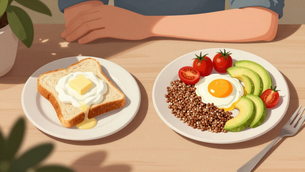 Контраст двух завтраков: сладкий йогурт с булкой и полезная тарелка с гречкой, авокадо и яйцом.