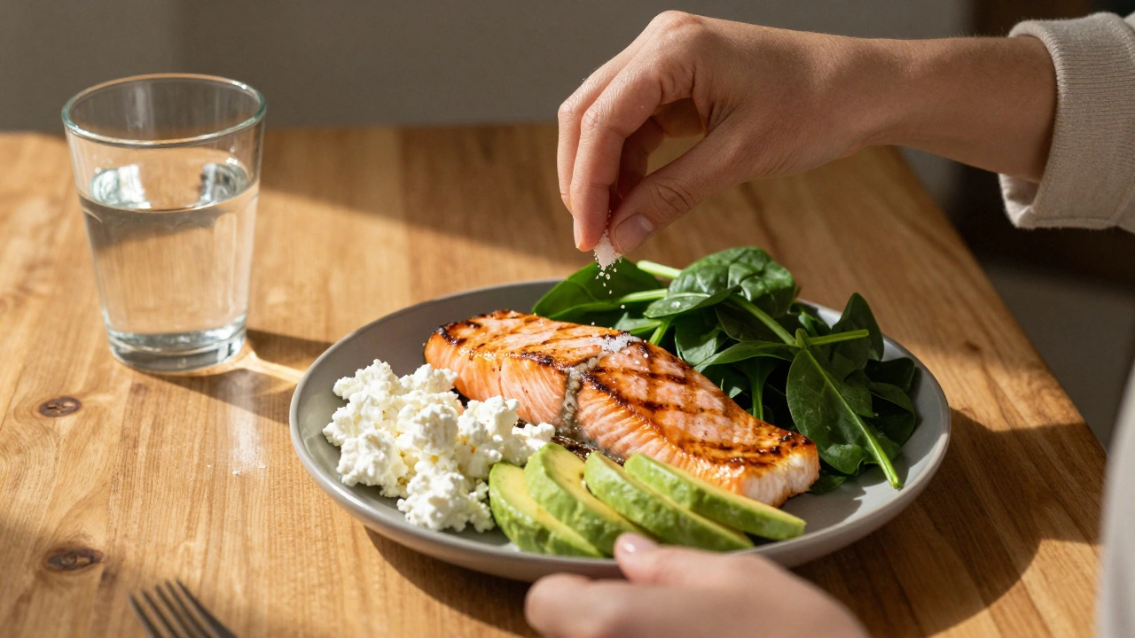 Приготовление сбалансированного белкового обеда: лосось, творог, авокадо и шпинат.