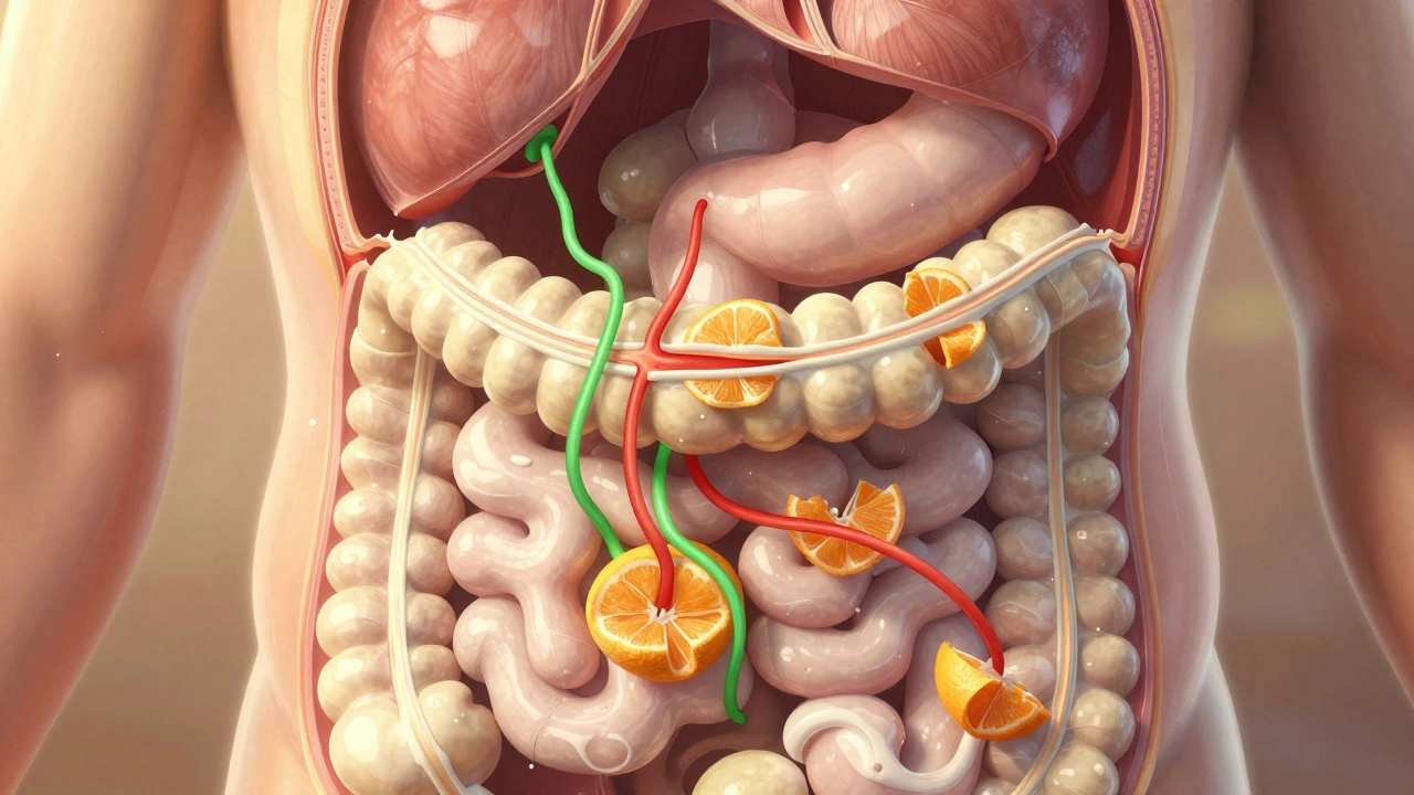 Разрез человеческого желудка, показывающий сворачивание молочного белка под действием кислоты из фруктов.