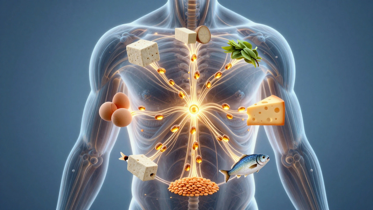 Схема белковых источников внутри тела: тофу, яйца, сыр, чечевица и рыба