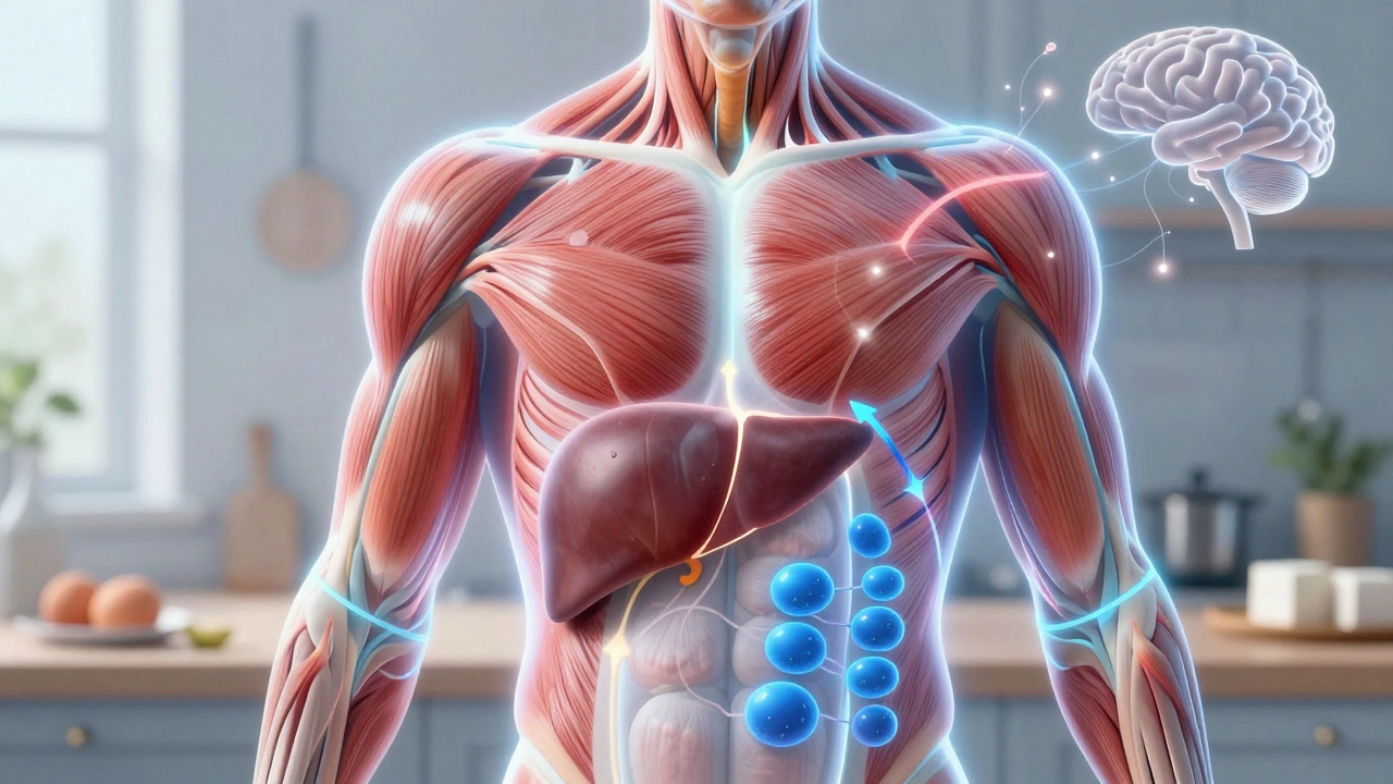 Схематичное изображение тела с подсвеченными метаболическими процессами при белковой диете: термогенез, мышцы и нейротрансмиттеры.