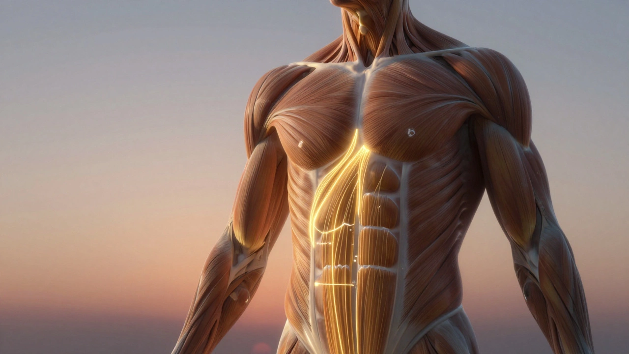 Символическое изображение восстановления мышц утром с потоками аминокислот и тенями катаболизма.