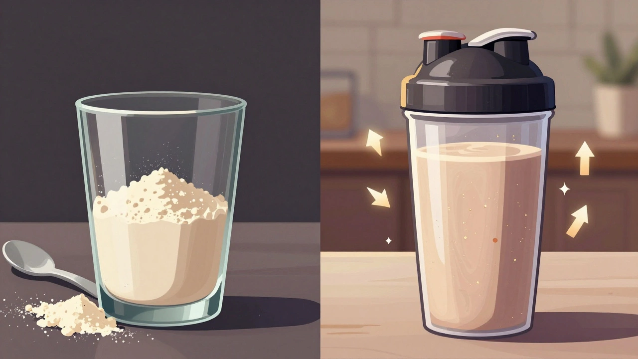 Сравнение: слева — комки нерастворённого протеина с ложкой, справа — гладкий коктейль в шейкере с эффектом поглощения.