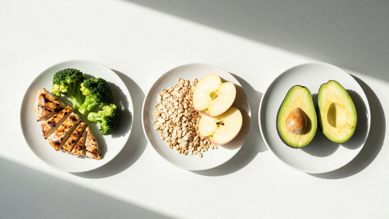 Три идеально сбалансированных блюда при похудении: курица с брокколи, овсянка с яблоком, авокадо с огурцами.