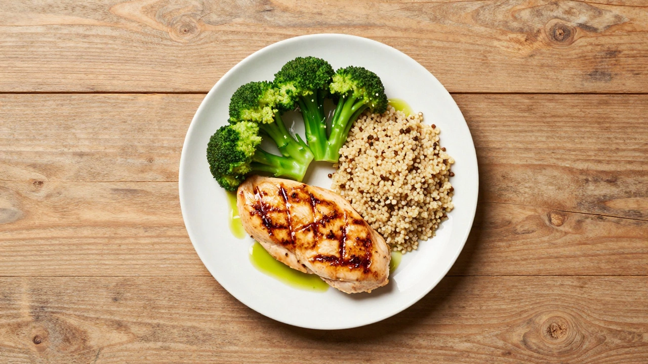 Балансированная тарелка с курицей, овощами и крупой