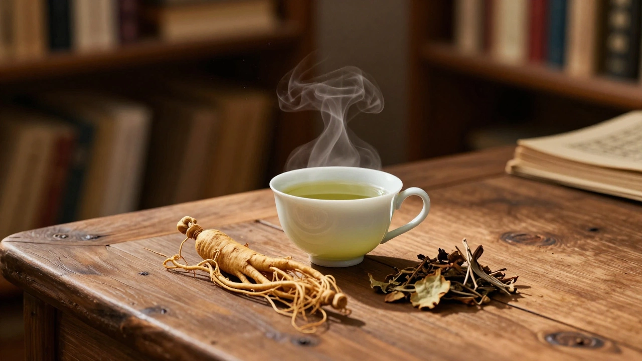 Чашка горячего зеленого чая и сушеный женьшень на столе