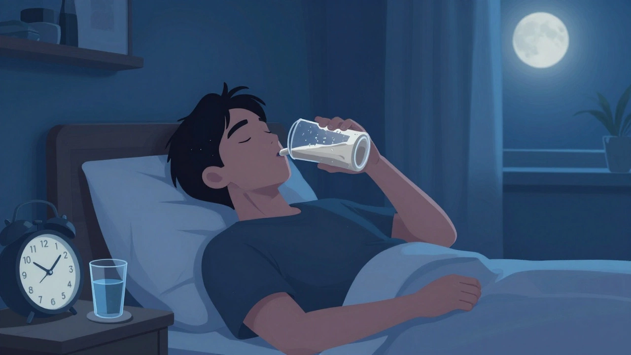 Человек пьёт казеиновый коктейль перед сном в тихой спальне