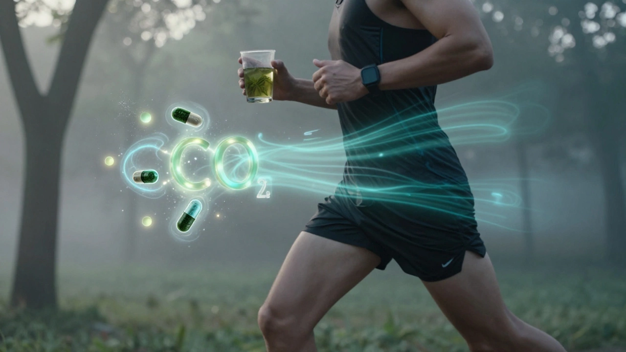 Человек тренируется на рассвете, употребляя зеленый чай и капсаицин, жир расщепляется в виде энергии.