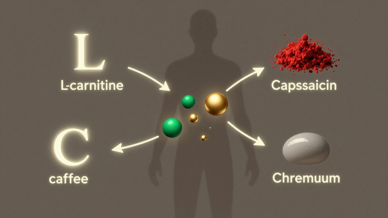 Четыре натуральных вещества активируют расщепление жира в организме, визуализированы как символы вокруг силуэта человека.