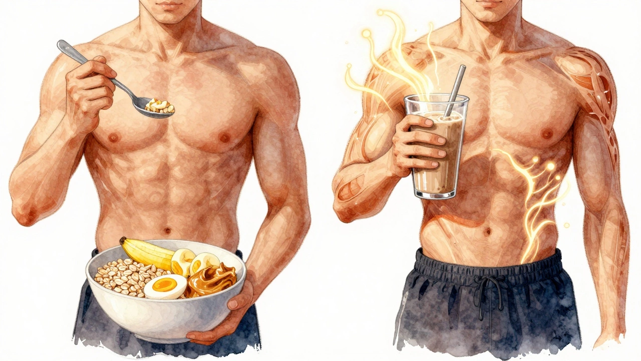 Два пути восстановления после тренировки: натуральная еда и гейнер — оба ведут к подтянутому телу.