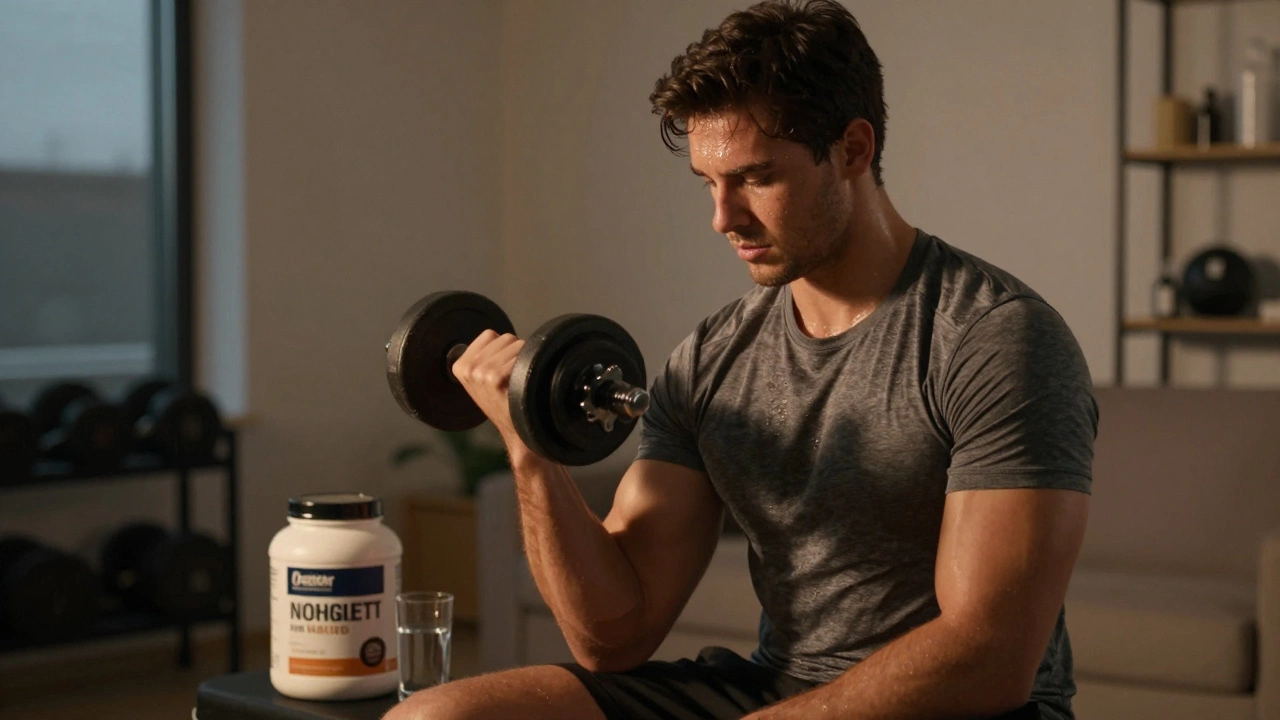 Мужчина тренируется в домашнем зале, рядом с протеином и водой, виден рост мышц после усилий.