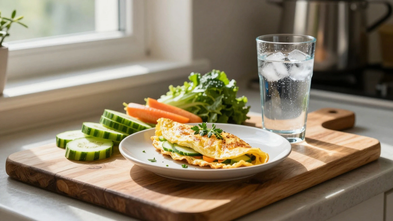 Полезный завтрак с салатом и водой на кухонном столе