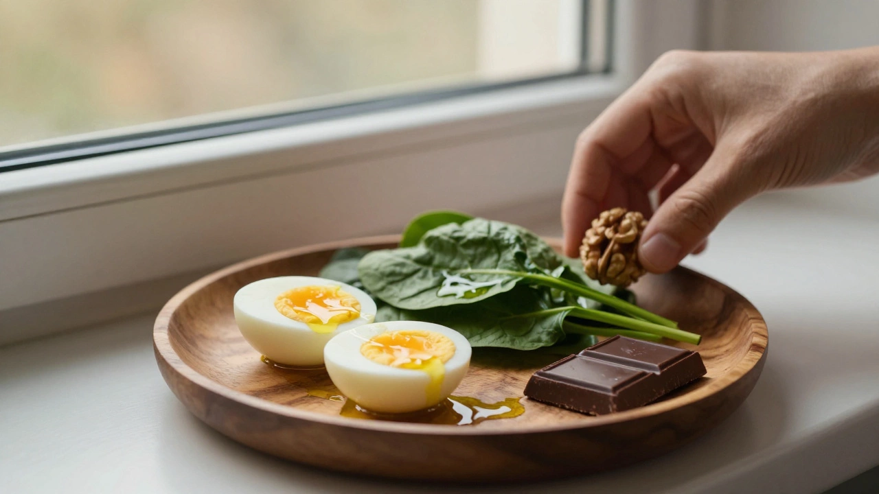 Простой обед из яйца, шпината и темного шоколада на деревянной тарелке