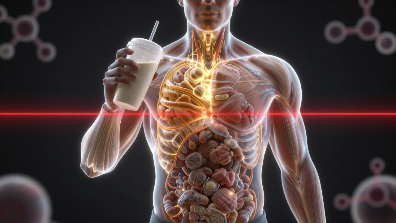 Прозрачное тело с потоком энергии от гейнера в мышцы, красная линия предупреждает о приёме без тренировки.