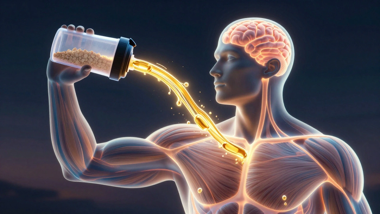 Схематичное изображение аминокислот, питающих мышцы и мозг после приёма протеина.