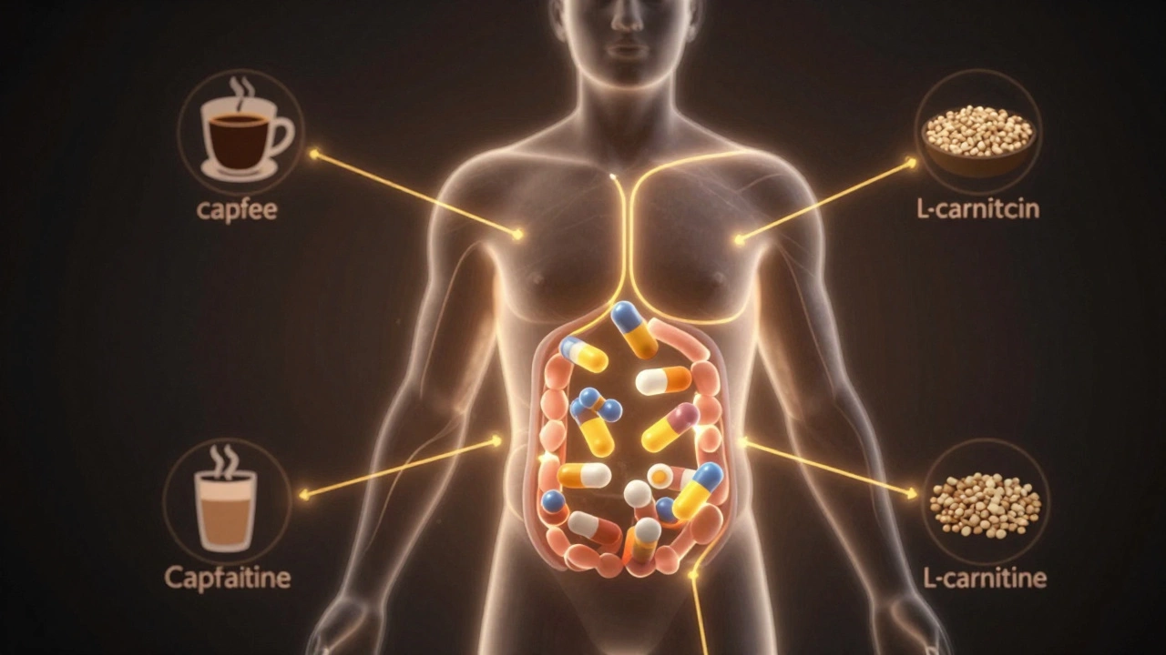 Схематичное изображение жировых молекул, транспортируемых в митохондрии клеток с помощью L-карнитина, с символами кофеина и капсаицина.