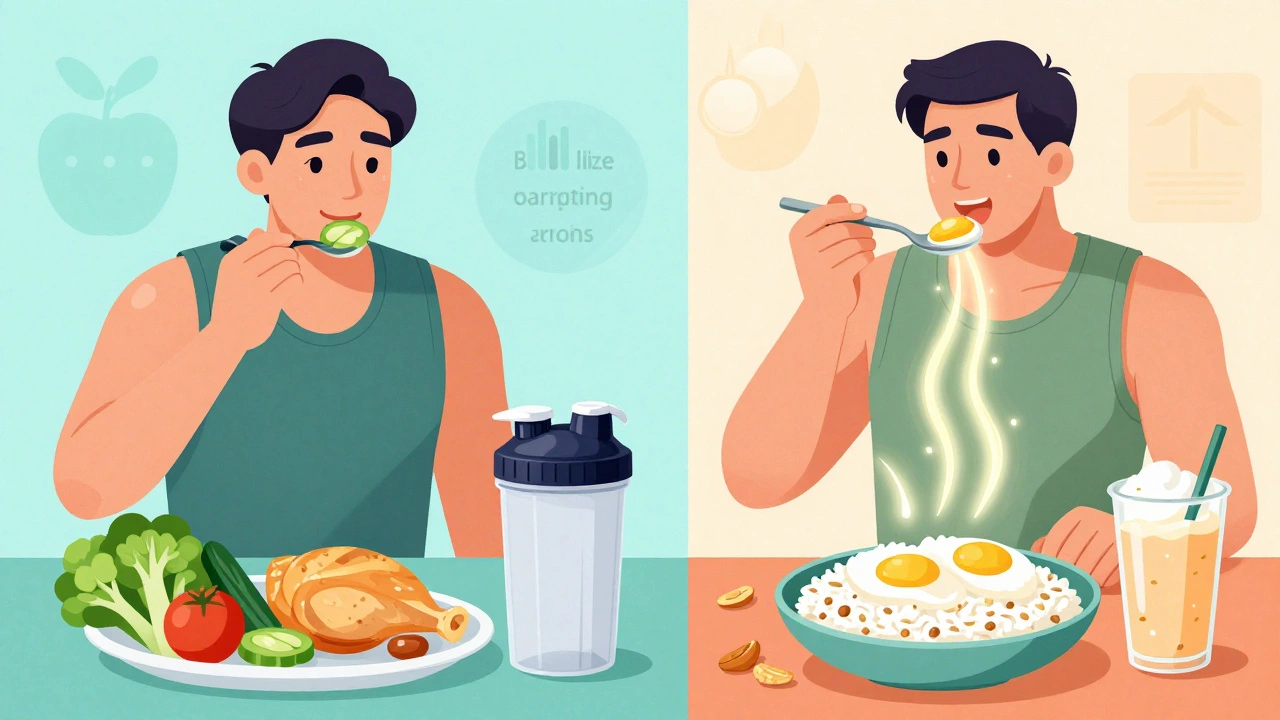 Сравнение двух рационов: один бедный, другой богатый калориями, с акцентом на протеин как дополнение.