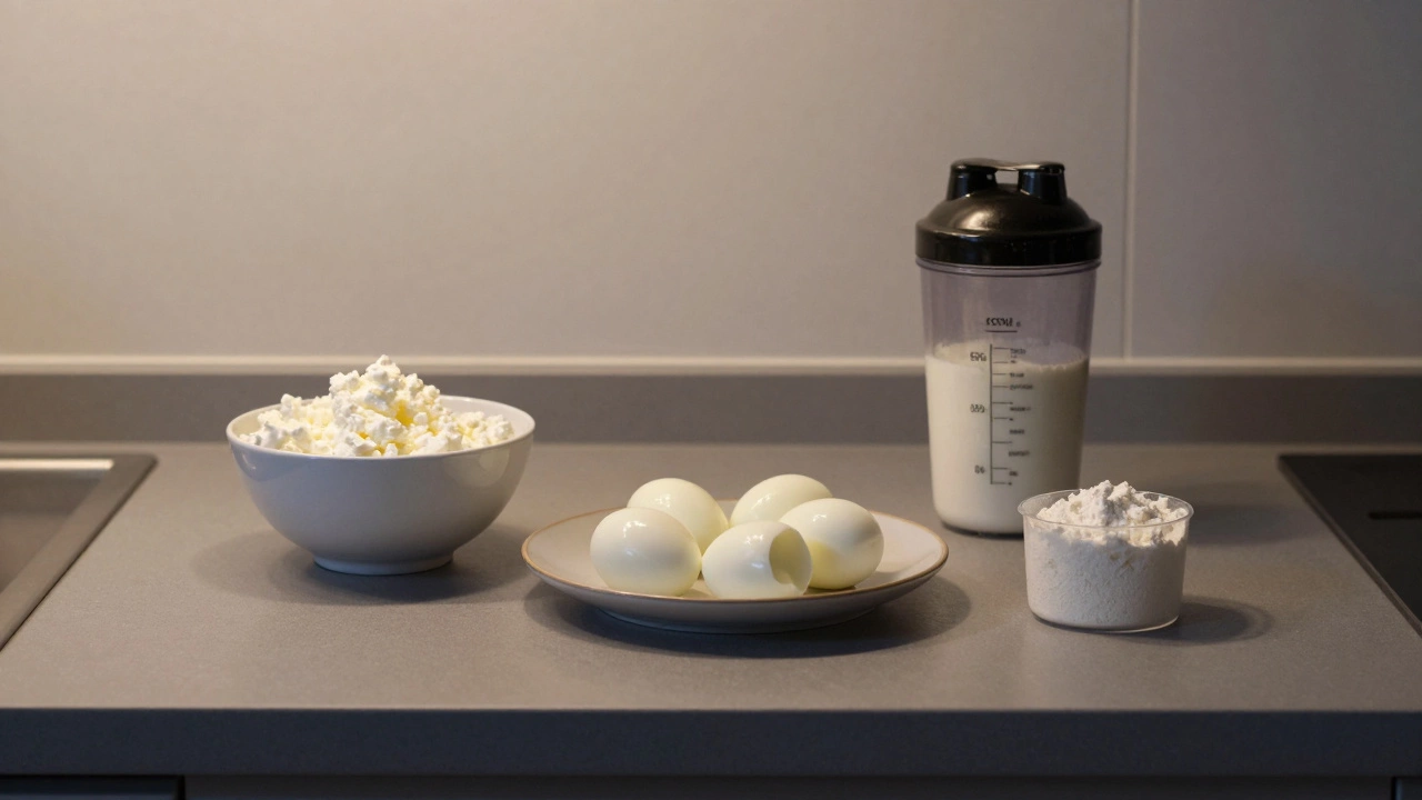 Три натуральных источника белка: творог, яичные белки и порошок казеина на фоне кухонной стойки.