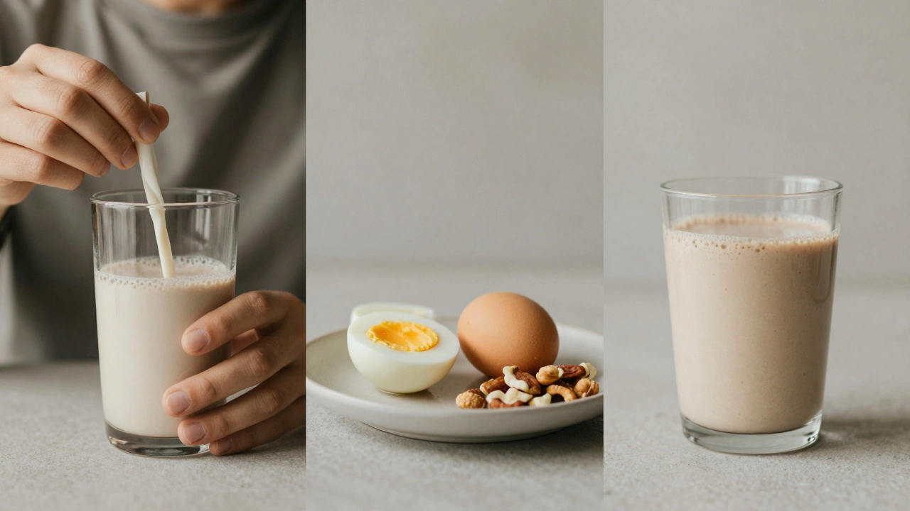 Три варианта утреннего приёма белка: протеин, яйца и растительный протеин.