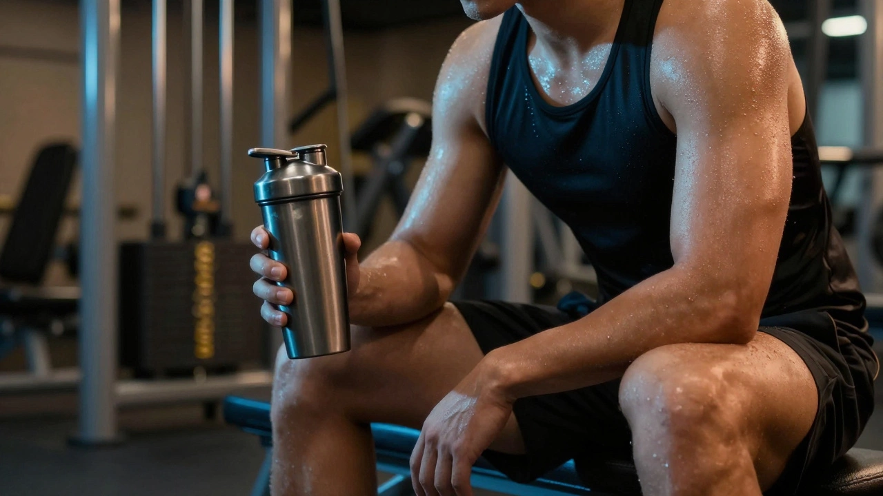 Женщина в спортзале держит шейкер после тренировки