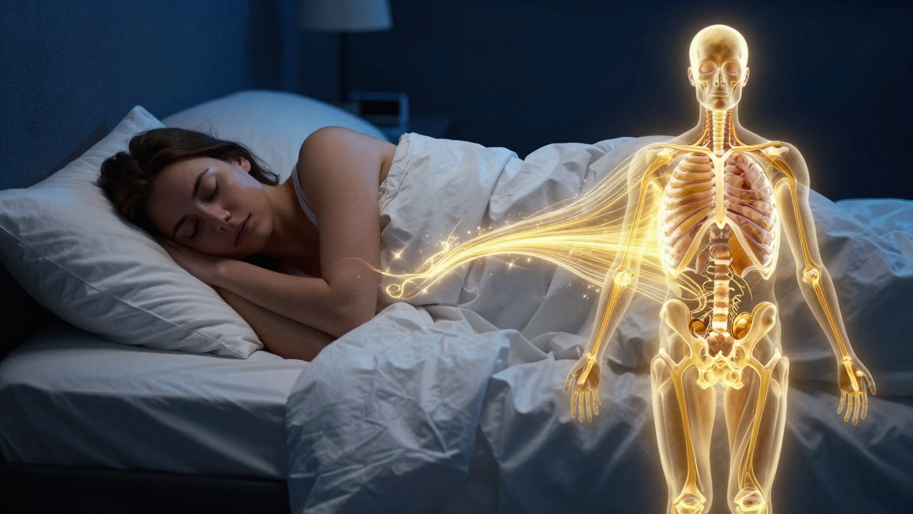 Человек глубоко спит, окруженный золотистым сиянием гормона роста и метаболизма