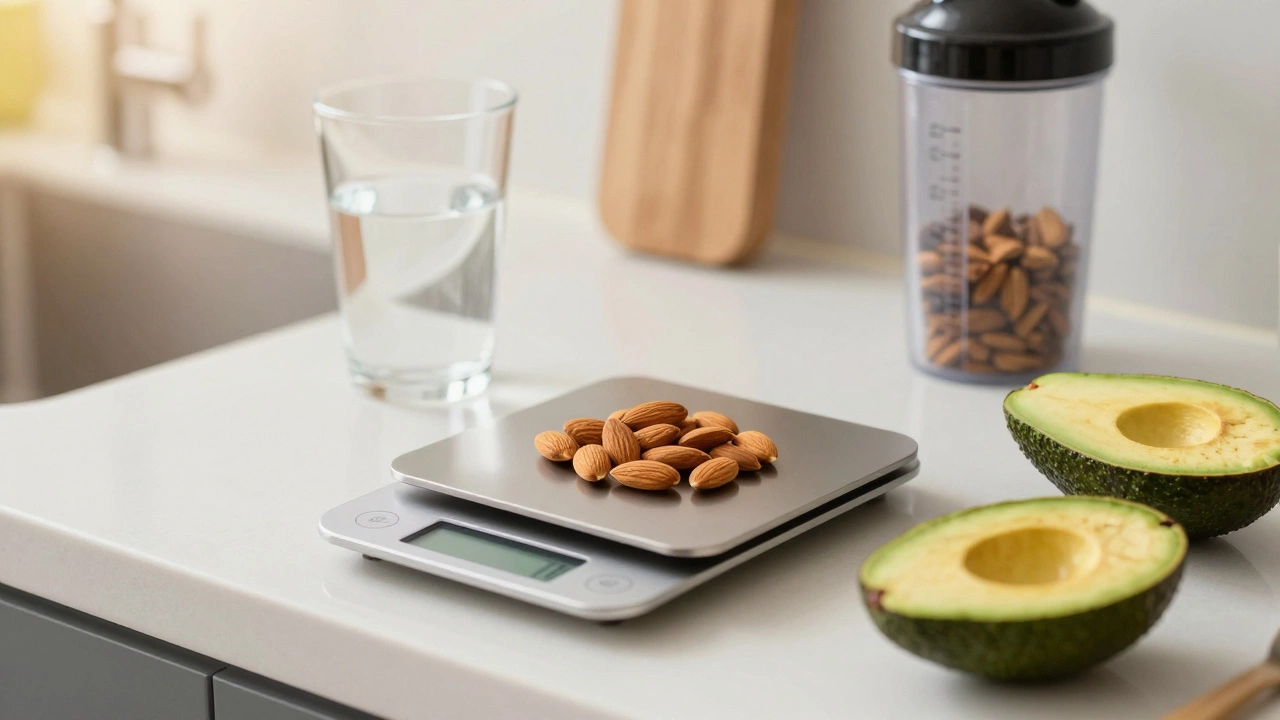 Кухонные весы с орехами и авокадо для точного подсчета БЖУ