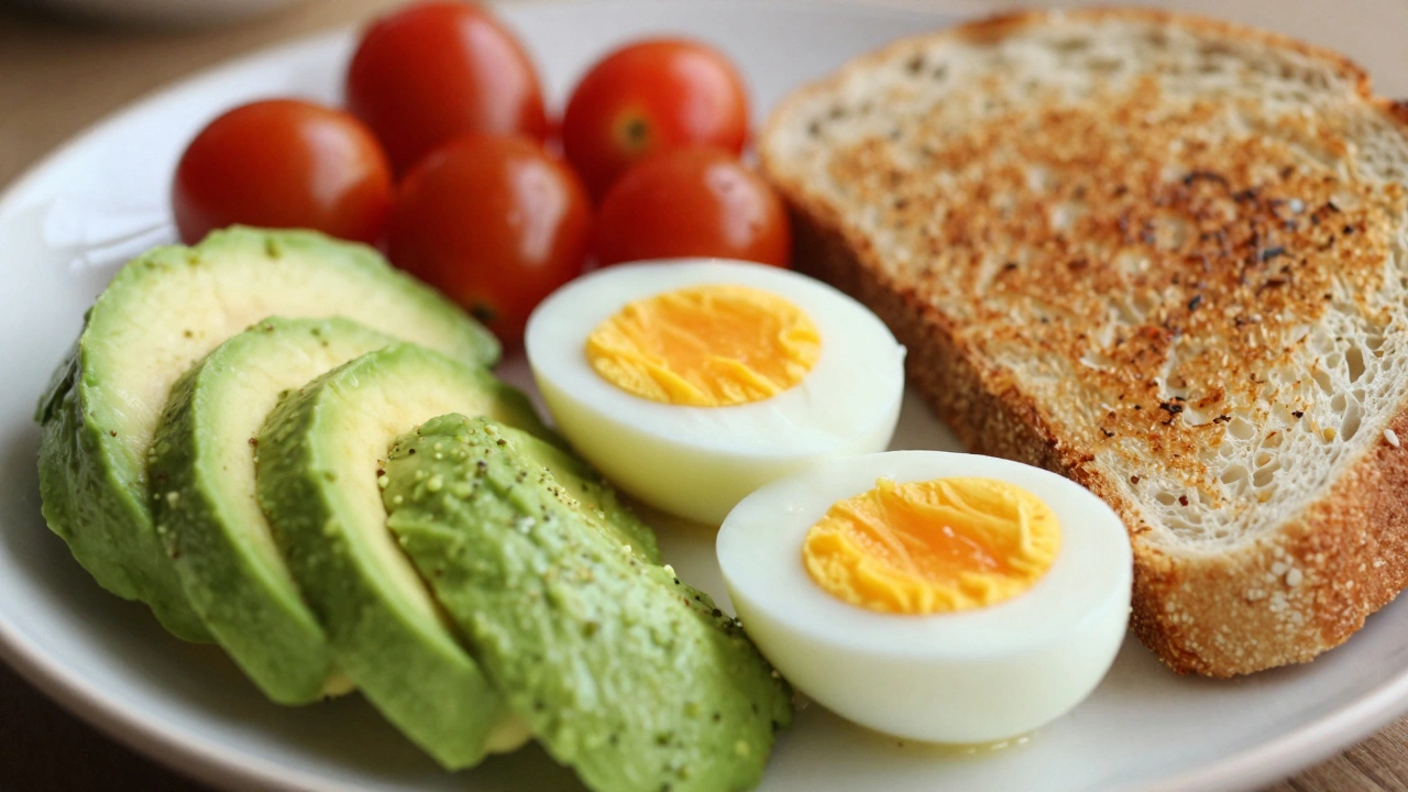 Полезный завтрак с вареными яйцами, авокадо, помидорами и цельнозерновым хлебом