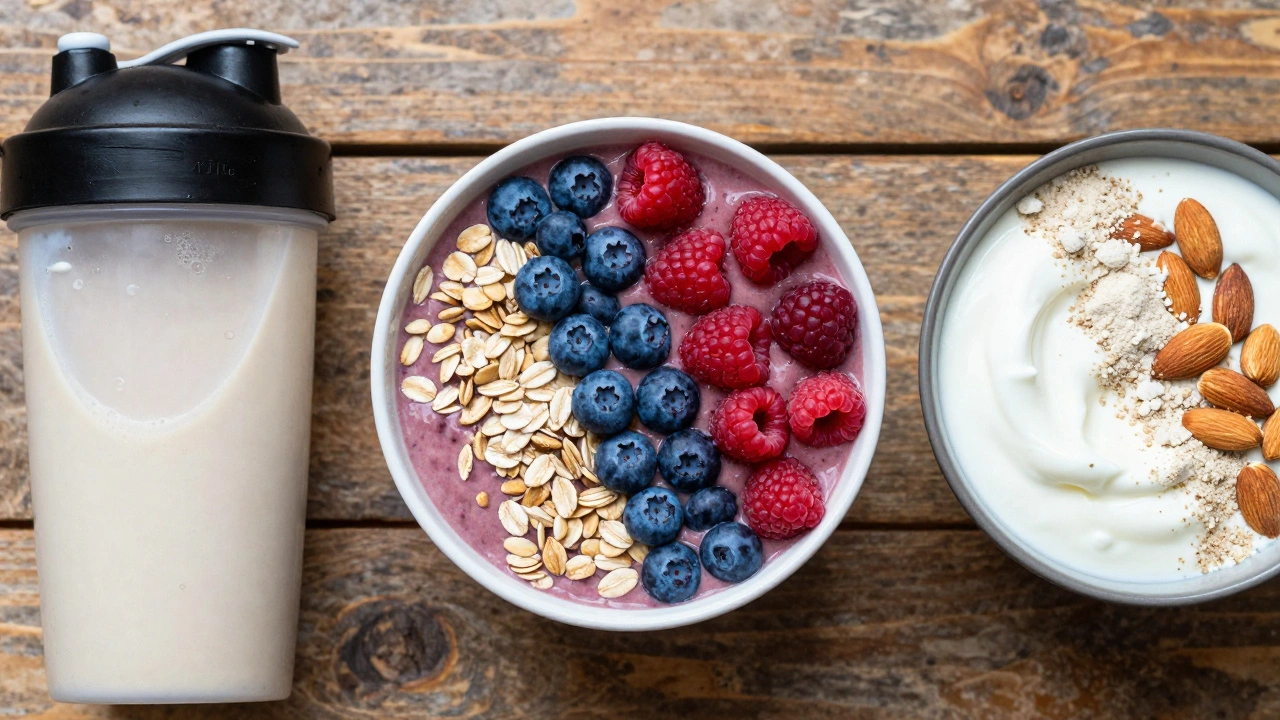 Разные варианты полезного завтрака с протеином: смузи, коктейль и йогурт с орехами