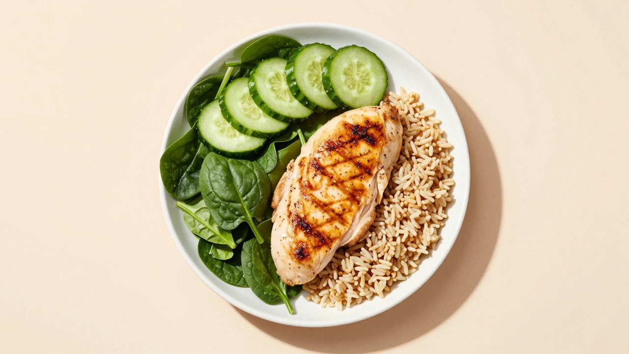 Сбалансированная тарелка с куриной грудкой, бурым рисом и обилием зелени