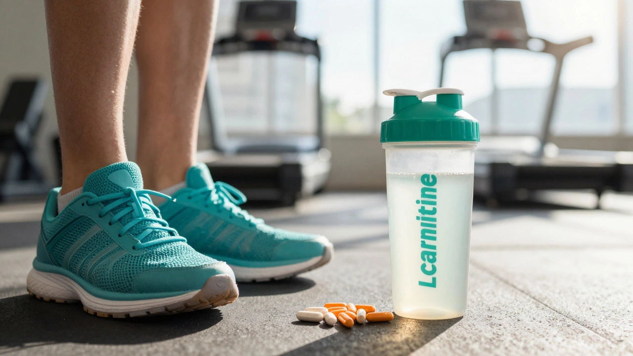 Спортивная бутылка с L-карнитином и кроссовки перед началом тренировки